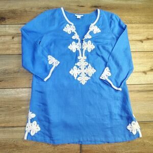 Charter Club Linen Medium Embroidered Tunic Blouse V-Neck Blue Beach Coverup Blu